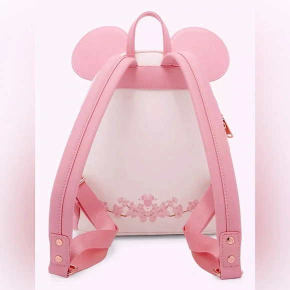 New LOUNGEFLY Disney Japan Minnie Mouse Pink & White CHERRY BLOSSOM Backpack Bag - Picture 3 of 7